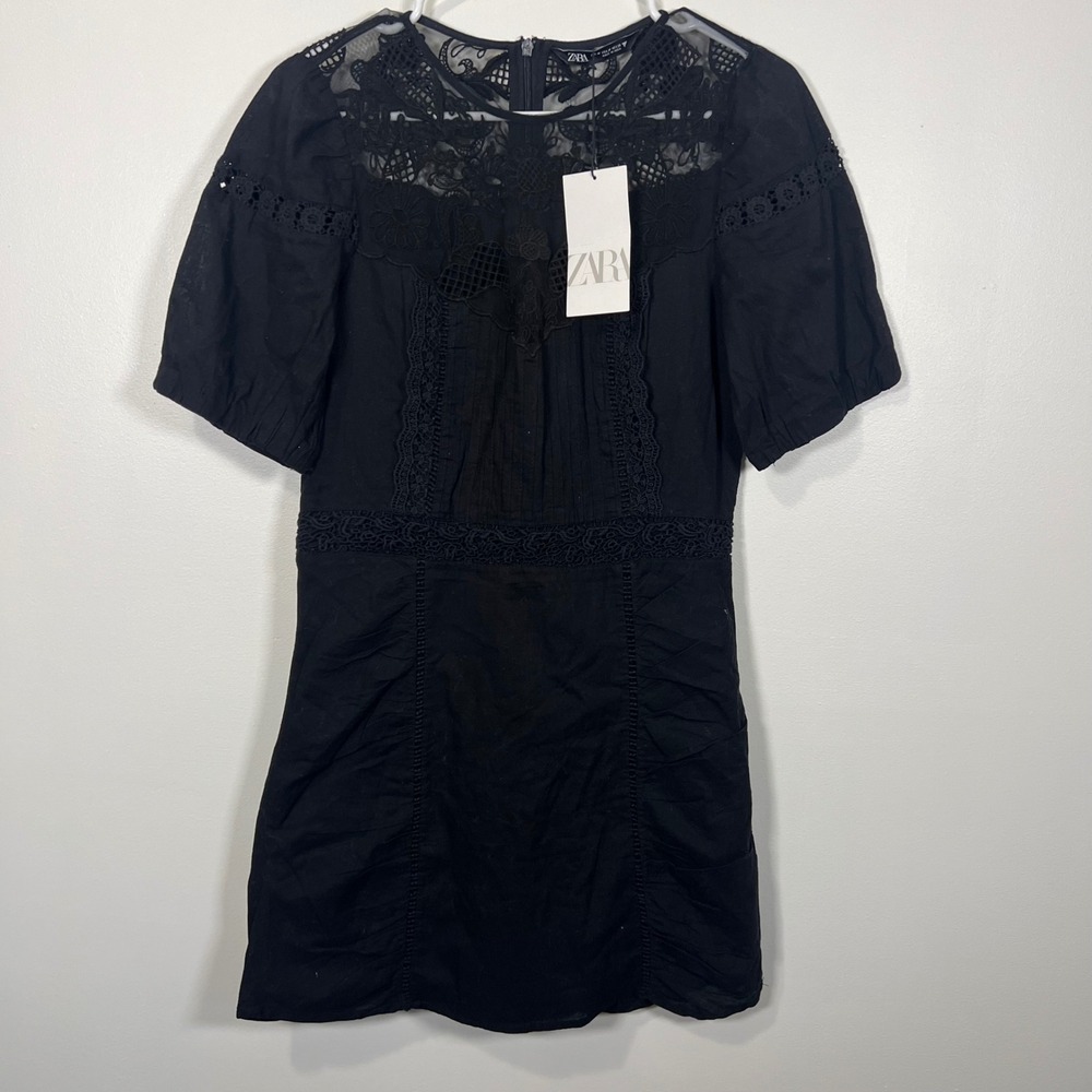 Zara Womens Black Lace Inset Crochet Trim Mini Dress Gothic Victorian Size M